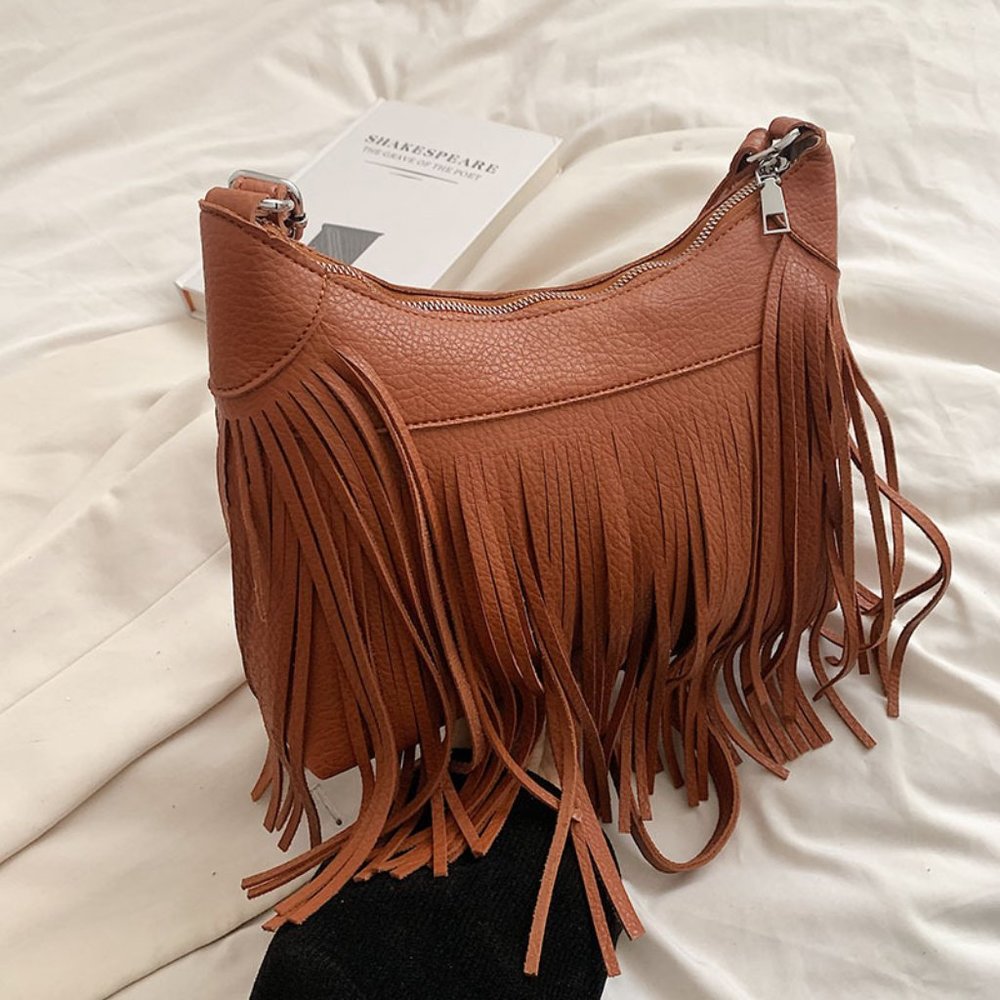 Women's Brown Medium Fringe Zipper Crossbody Bag